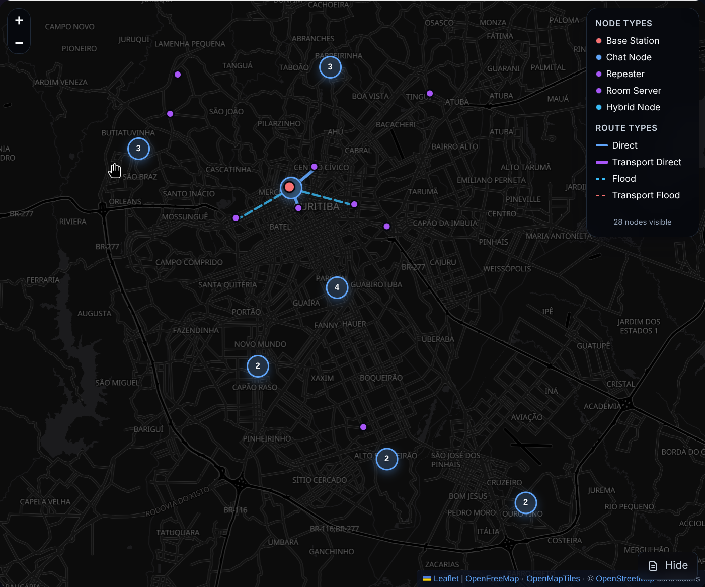 Mapa da rede MeshCore em Curitiba com os nós visíveis